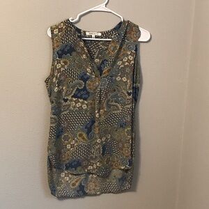 Rose & Olive Paisley V-Neck Blouse - Blue and Brown